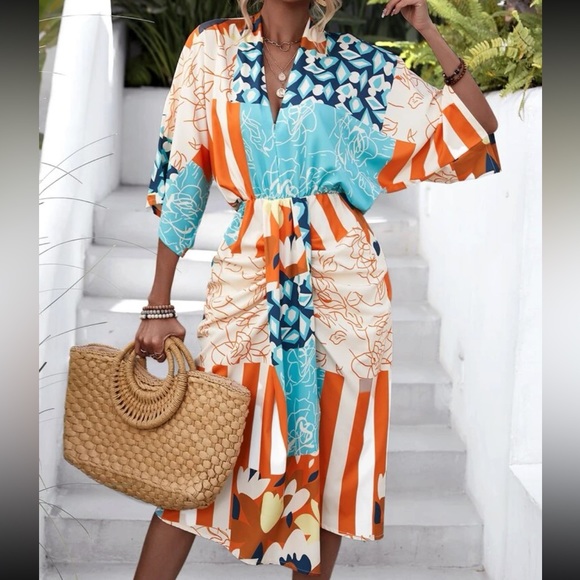 Boho floral print batwing sleeve slit thigh one dress - Picture 5 of 6